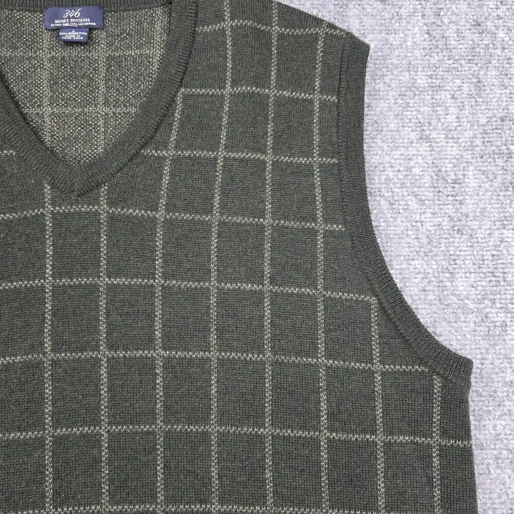 Brooks Brothers Sweater Vest Mens Large Green Windowpane Merino Wool Knit VTG HK